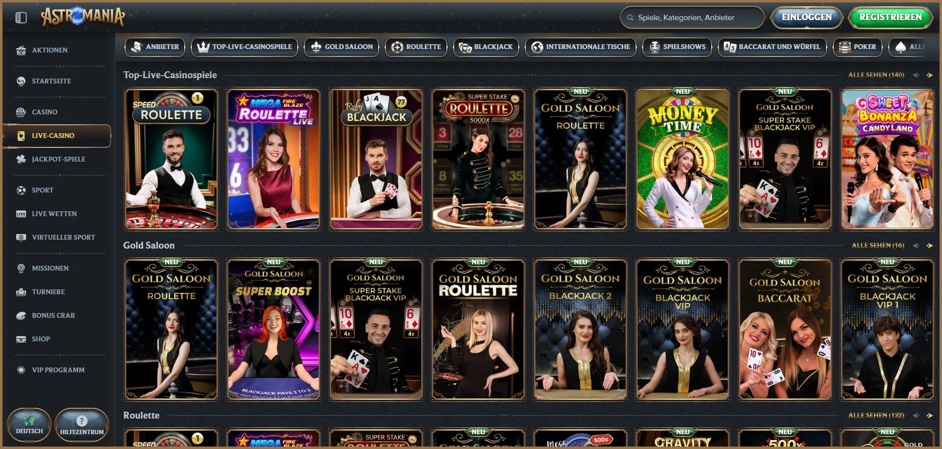 AstroMania Live-Casino-Spiele-Katalog