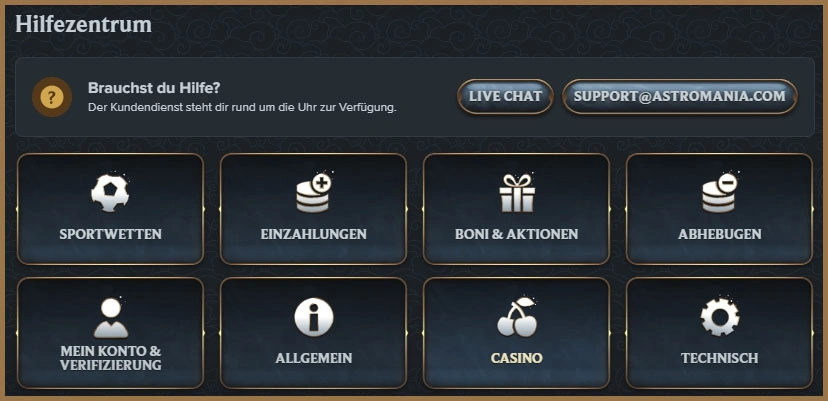 24/7 Live-Chat-Support verfügbar bei AstroMania