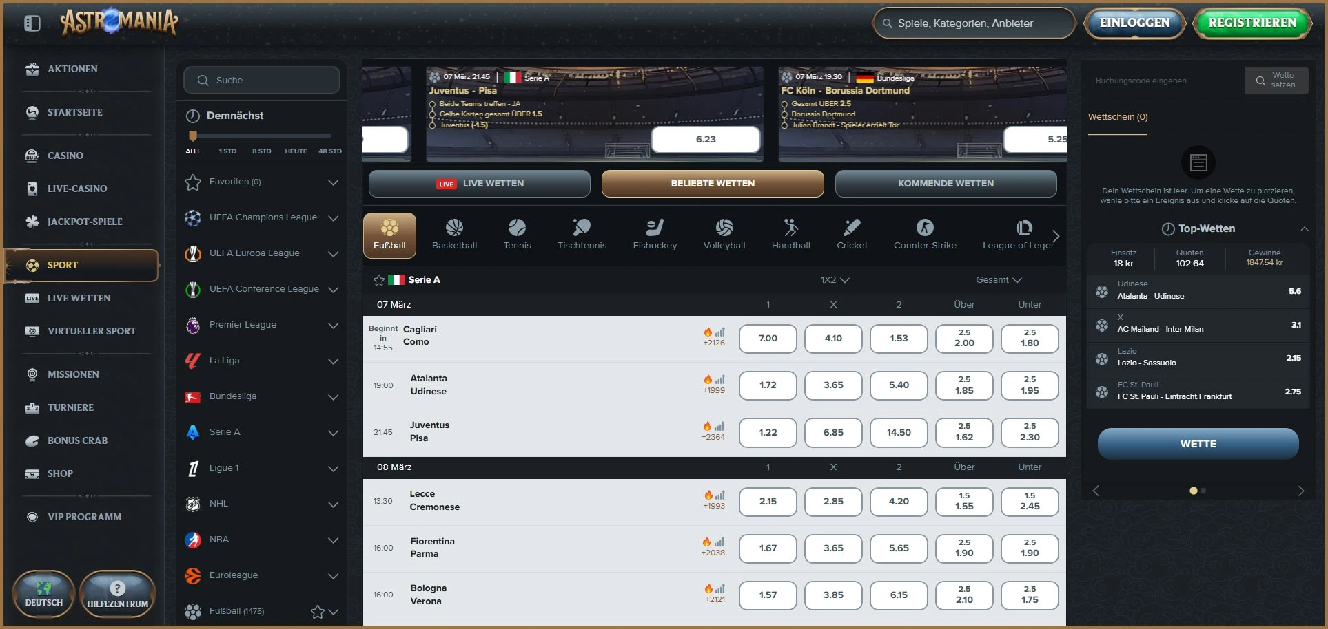 Einfache Pre-Match-Sportwetten bei AstroMania platzieren