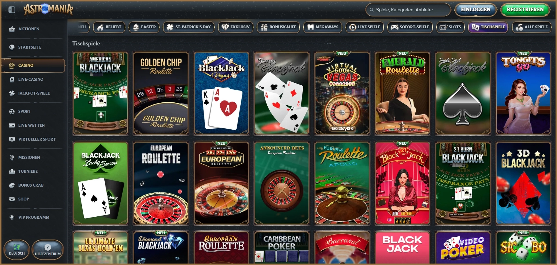 Tischspiele und Live-Casino-Erlebnis bei AstroMania