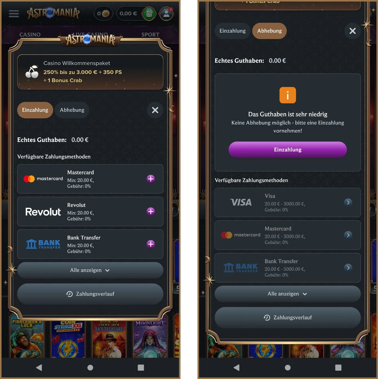 Übersicht über Auszahlungsgrenzen und Gewinne bei AstroMania